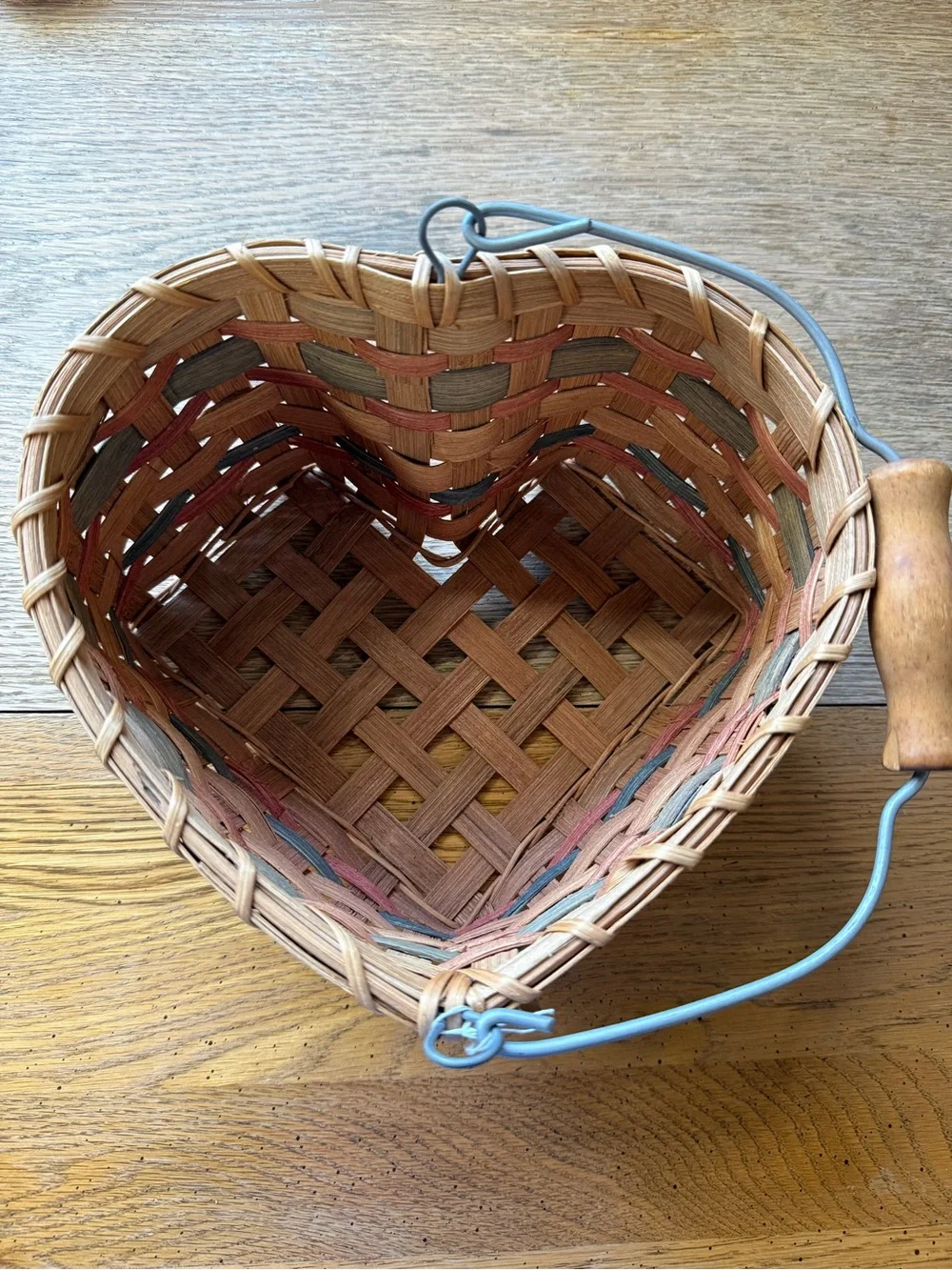 Vintage Heart Shaped Handwoven Basket w/ Wood Handle with painted stars